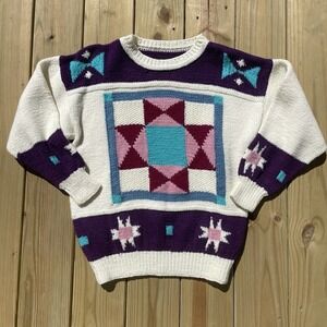 VTG Knit Sweater Womens Quilt Barn Square Aztec 90s Pastel Granny Cottagecore